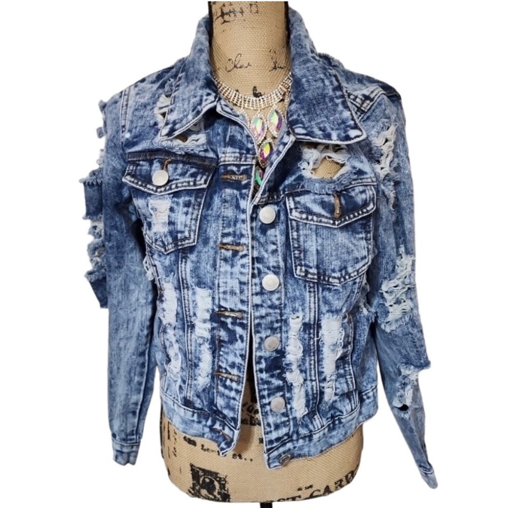 Thrill Denim Distressed Rose Embroidered Jacket Size 1X